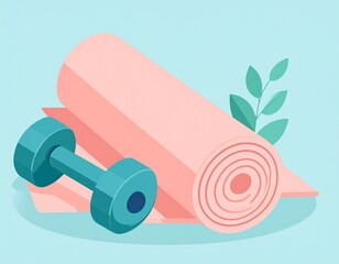 Fitness Essentials: A yoga mat, dumbbell, and leafy green branch, illustrating an ideal environment for wellness and fitness.