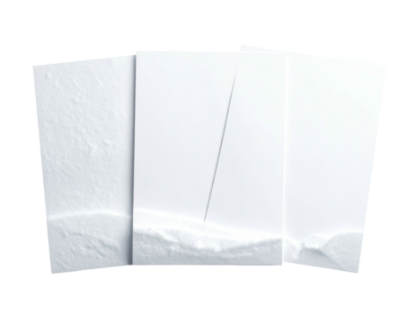 Three white cards stacked, textured like snow, with a vertical line