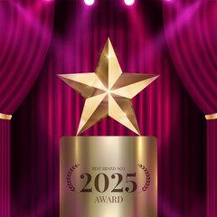 Best company of the year award with spotlight and curtains background. Best Award gold laurel wreath badge logo design tree star vector illustration isolated on different backgrounds.