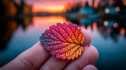 Hand holding vibrant autumn leaf with sunset lake reflection, macro closeup of textured red-orange foliage against colorful dusk water backdrop