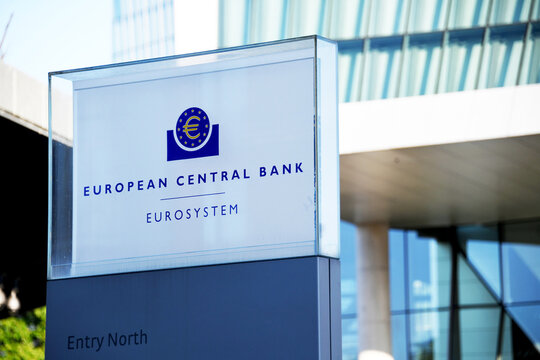 Frankfurt, Hesse, Germany - June 29, 2025: Sign at the entrance of European Central Bank headquarters in Frankfurt, Germany - the ECB is the central bank for the euro