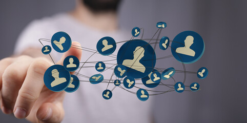 A man's hand touches digital network. Global communication, online connection, and social media concept. Networking solutions are necessary for