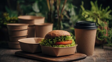 A delicious burger with fresh lettuce and tomatoes, served in eco-friendly packaging, accompanied by a coffee cup, set against a natural backdrop.