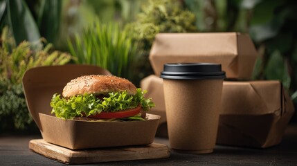 A delicious burger with fresh lettuce and tomato, served in eco-friendly packaging alongside a coffee cup, set against a lush green background.