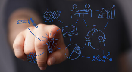 Human hand interacting with a visual representation of business development, ideas, and workflow, illustrating innovation and strategy. Ideal fo