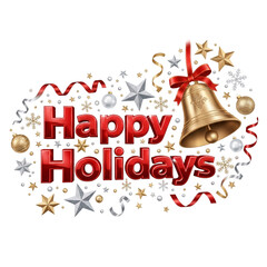 Happy Holidays text with bell, stars, baubles, and confetti on white background on transparent background