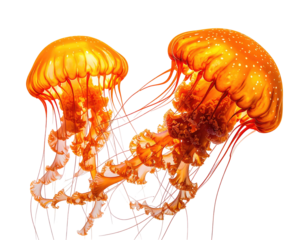 Two glowing orange jellyfish against a black background
