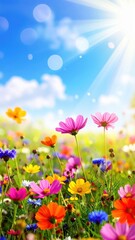 Vector illustration of a bright summer day landscape with sun, clouds, and chamomile flowers in a green meadow