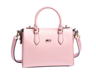 A pink handbag with gold hardware
