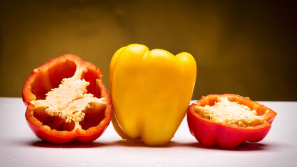 Studio still-life photograph featuring a whole yellow bell pepper placed between two halved red bell peppers, seeds clearly visible, on a white surface with a soft olive-green gradient background. 