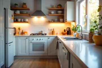 Fototapeta premium A sparkling clean kitchen, countertops wiped, sink gleaming, dishes put away, and floors spotless Ready for a relaxing evening at home after a thorough cleaning session , home, organized