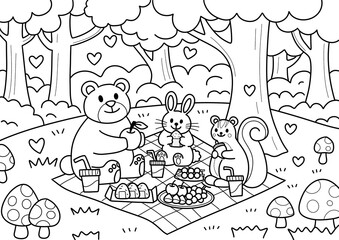 森の動物のピクニックの塗り絵