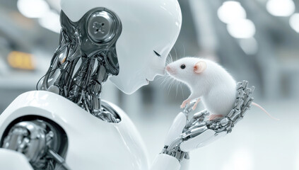 Robotic hand gently touching laboratory mouse, representing advanced ai research and emerging biotechnology innovation