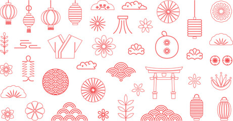 Red Outline Japanese Icon Set Lanterns, Cherry Blossoms, Kimono, Clouds, and Waves Illustration