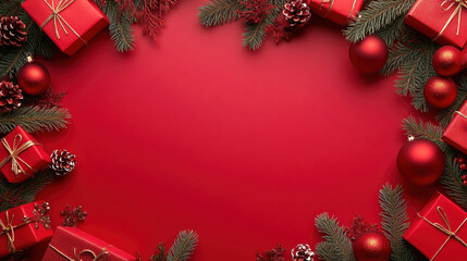 Christmas holiday background with red gift boxes, evergreen tree branches, and festive ornaments framing blank space
