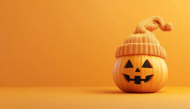Halloween jack-o'-lantern pumpkin wearing beanie hat, smiling on orange background with copy space, autumn holiday concept - Powered by Adobe
