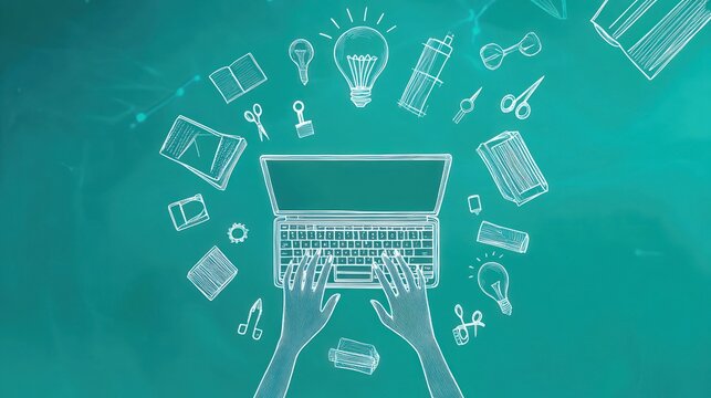 Hands Typing on Laptop, Creative Tools, Teal Background