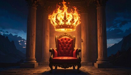Regal Throne with Flaming Crown in a Grand Hall at Dusk.