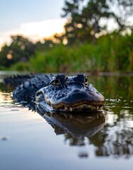 Alligator floats in water, close up shot, wildlife