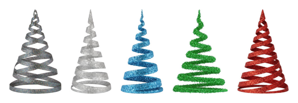 Glitter spiral Christmas tree set including silver, iridescent, blue, green, and red variants isolated. Festive holiday decoration collection.