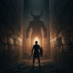 Theseus in the Minotaur’s labyrinth with large Minotaur shadow on wall, symbolic illustration of Greek myth "Theseus and the Minotaur"