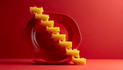 Raw pasta cascading down a red plate against a vibrant red background creating a striking visual composition.