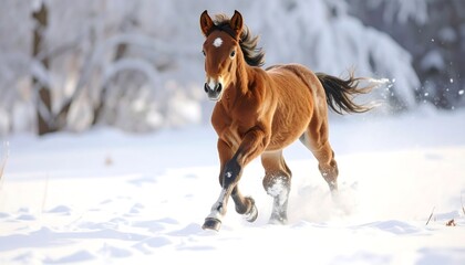 Horse Running Through Snowy Landscape.