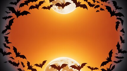 Halloween bats flying around full moons on orange background.