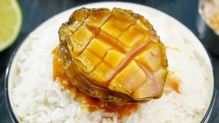 Golden Braised Abalone with Cross-Hatch Pattern on Rice - Premium Asian Seafood Delicacy
