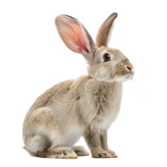 Obraz premium A light brown rabbit sits upright against a black background. Its large ears are perked up, and it has a soft, fluffy coat. The rabbit appears alert and curious.