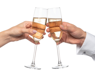 Hands clinking champagne glasses celebrating success on transparent background