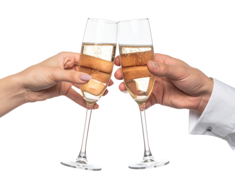 Hands clinking champagne glasses celebrating success on transparent background
