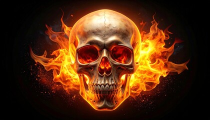 Fiery Skull on Black Background with Intense Flames and Glowing Eyes.
