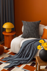Close-up of a modern sofa with colorful pillows and a soft gray blanket. Cozy interior with warm...