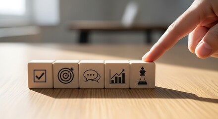 Fingertip selecting conceptual icons on wooden blocks representing business strategy and planning