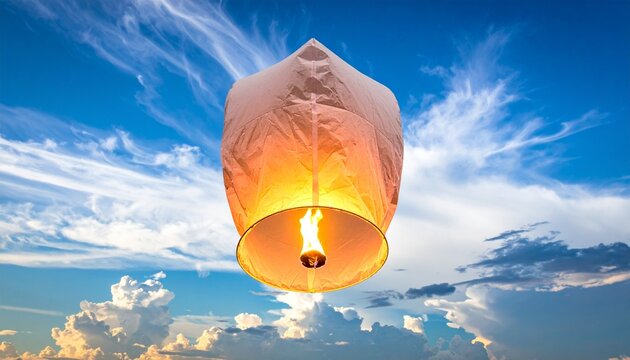 Glowing Sky Lantern Floating in a Vibrant Blue Sky with Wispy Clouds.