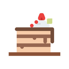 Slice of Layer Cake with Chocolate Frosting Whipped Cream and Strawberry Topping on a Brown Plate with Transparent Background