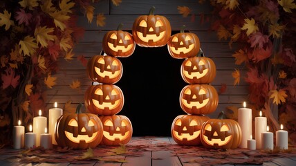 Halloween pumpkin archway with candles and autumn leaves.