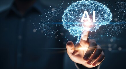 Close up of a hand touching a digital brain with the letters ai, representing artificial intelligence, machine learning, and the future of technology in problem solving and innovation