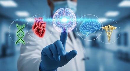 Doctor in a hospital touching a digital screen with medical icons of dna, heart, brain, and caduceus symbol, representing healthcare, medicine, and modern technology