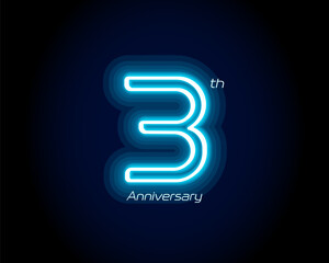 Blue neon number third years, 3 anniversary logo on black background. Shiny luminous jubilee sign for celebration emblem of cyber event party, digital startup, gambling icon. Vector illustration.