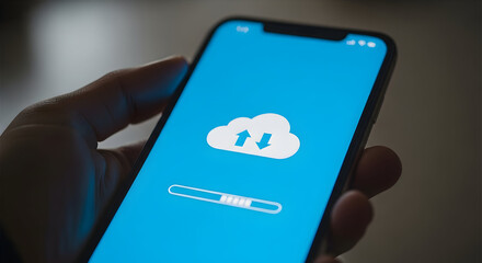 Data Transferring Tech Solution A person uploading digital files to a cloud server via mobile app. Safe secure and fast digital storage and modern technology adoption