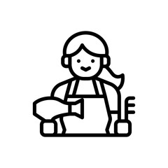 Simple Line Art Icon of a Smiling Person Wearing an Apron Holding a Hair Dryer and a Rake on a Transparent Background