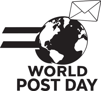 World Post Day vector in black and white with globe, envelope, and motion lines for global communication themes