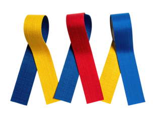 Four interwoven ribbons in yellow, blue, and red against a black background