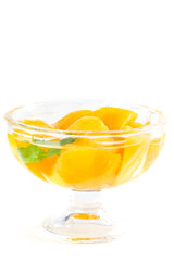 Fresh Orange Slices in Glass Bowl with Mint Garnish on White Background