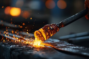 Close-up of a glassblower shaping molten glass with sparks flying, creating a unique and artistic piece in a traditional glassblowing workshop environment with intense heat.
