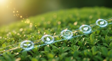 Sunlit dewdrops reflecting nature's vitality on lush green leaves