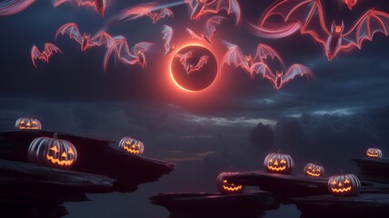 Halloween pumpkins and glowing bats against a dark, cloudy sky with eclipse.