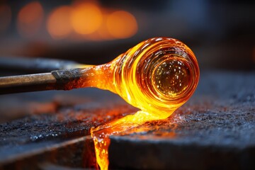 Close-up of molten glass being shaped by a glassblower, highlighting the intense heat and swirling patterns in the glowing, liquid material during the artisan crafting process.
